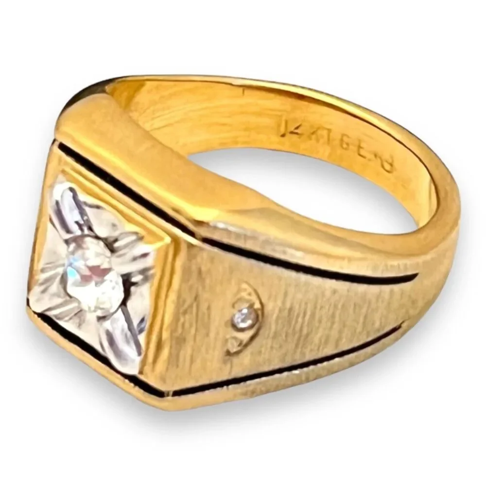Vintage 1970s Ring Size 12 Uncas CZ Square Bezel Textured Gold Plated - 14O
